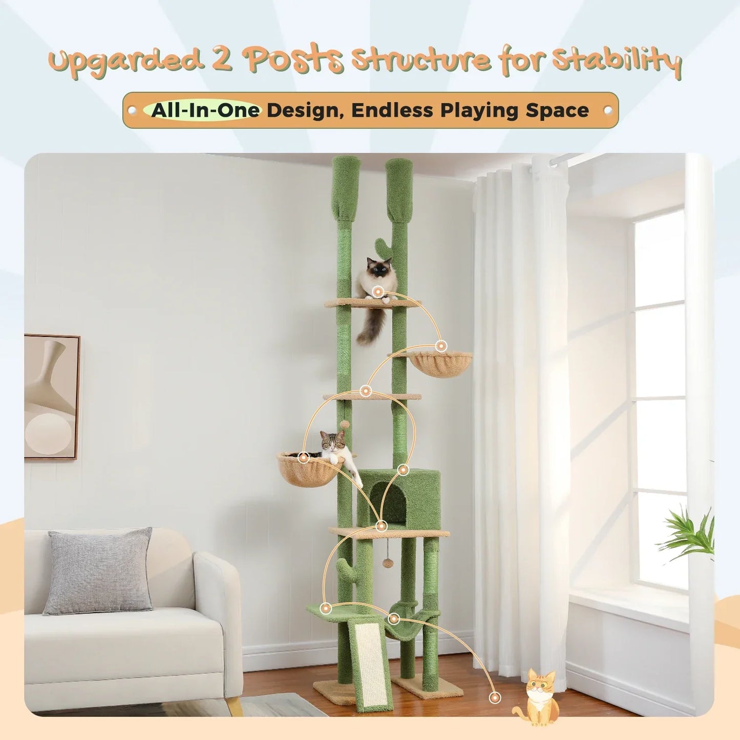 Cactus Cat Tree Floor to Ceiling Cat Tower 7 Tiers Cat Climbing Tree with Cozy Hammocks and Condos 5 Platforms Scratching Posts