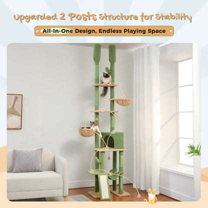 Cactus Cat Tree Floor to Ceiling Cat Tower 7 Tiers Cat Climbing Tree with Cozy Hammocks and Condos 5 Platforms Scratching Posts