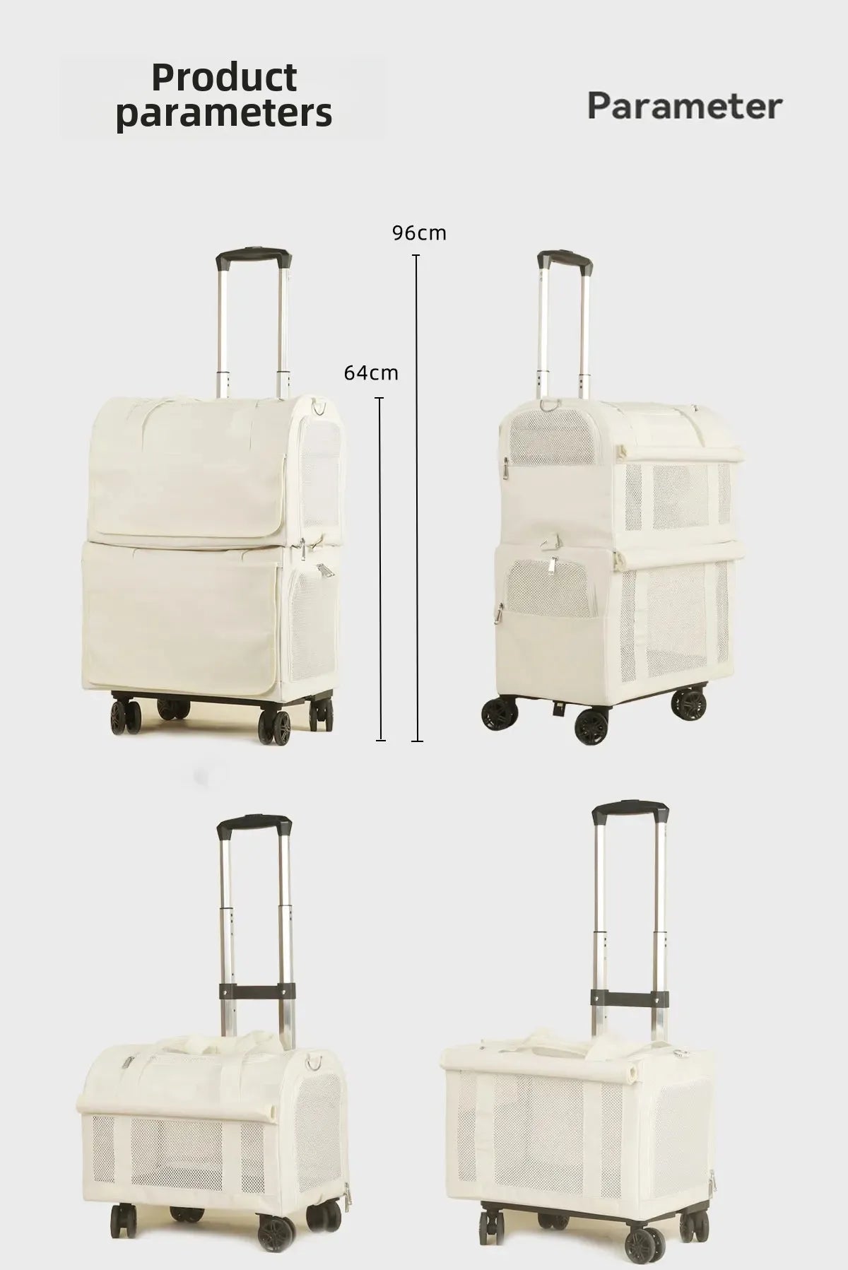 High Aesthetic Pet Trolley Box 2-layers Design Cat Basket Breathable Comfortable Transport Case Convenient Travel Pet Trolley