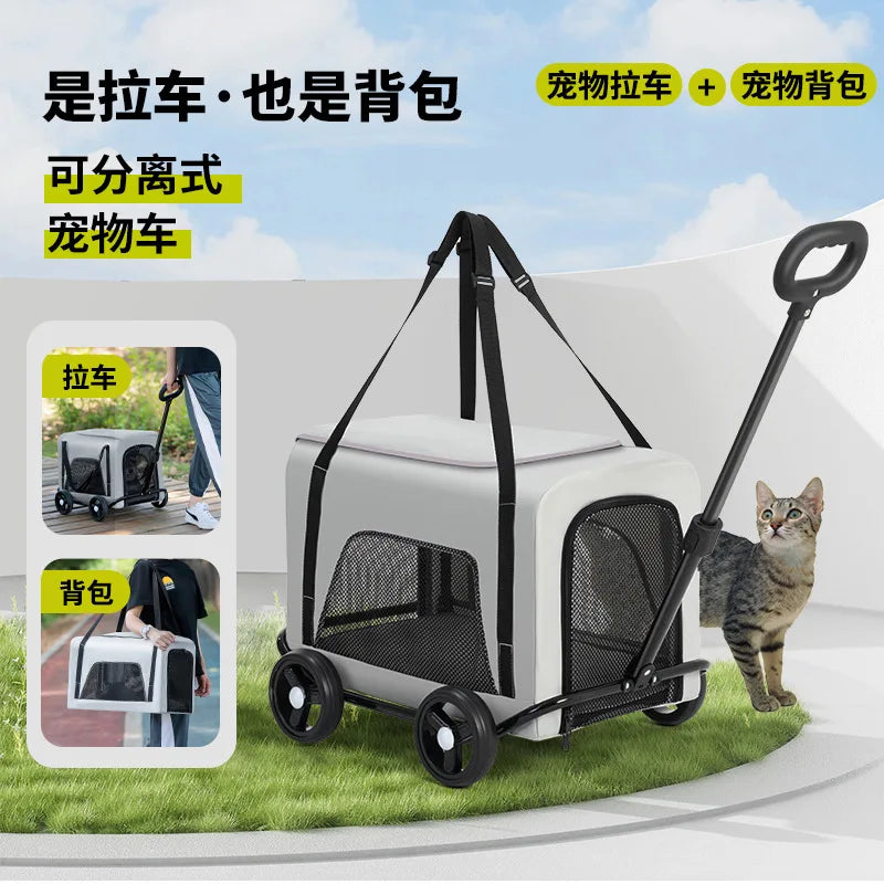 360 ° Rotating Rod Lightweight Folding Small And Medium Pet Stroller Outdoor 3-sided Breathable Window Cat Dog Backpack