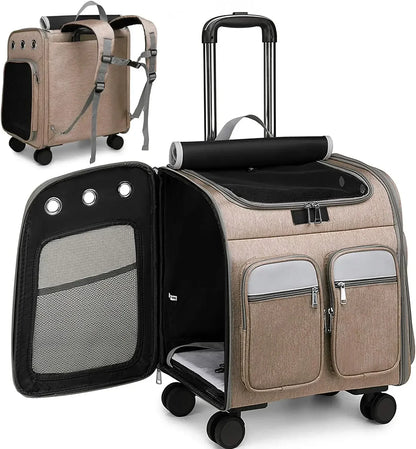 2 in 1 Large Pet Backpack Cat Stroller Pet Carrier with Wheels Portable Foldable Tie-Rod Pet Bag Cat and Dog Travel Carrier Bag
