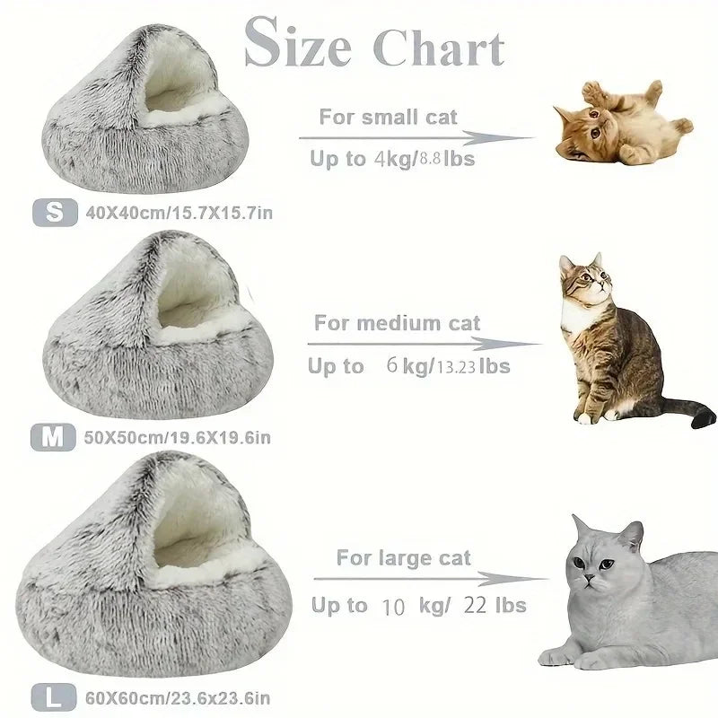 冬用プラッシュペットキャットベッド ラウンドキャットクッション キャットハウス 2 in 1 暖かい猫バスケット ペットスリープバッグ 子猫用巣 小型犬猫用