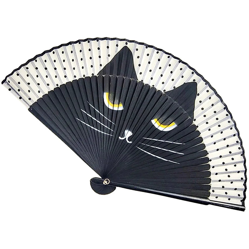 Japanese Style Cat Pattern Bamboo Folding Fan Women Lovely Cartoon Kitty Hand Fans Kimono Bathrobe Handheld Fan