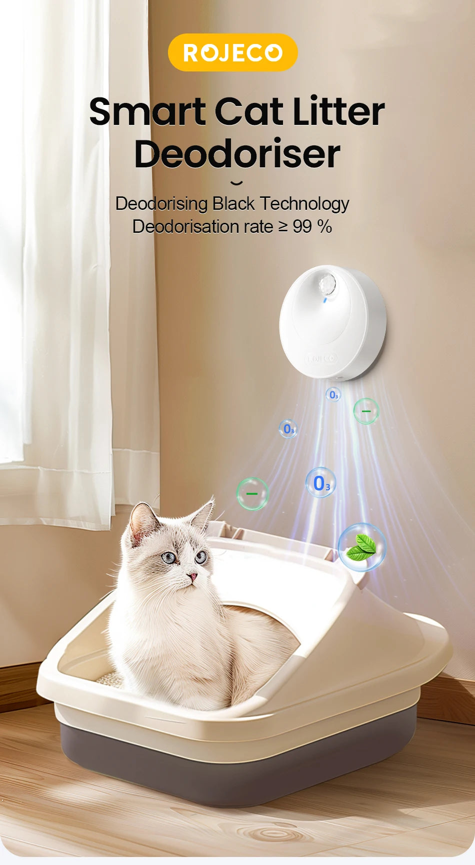 ROJECO Smart Cat Litter Deodoriser 4000mAh Cat Odor Purifier For Cat Litter Box Automatic Pet Toilet Deodorant Purifier Supplies