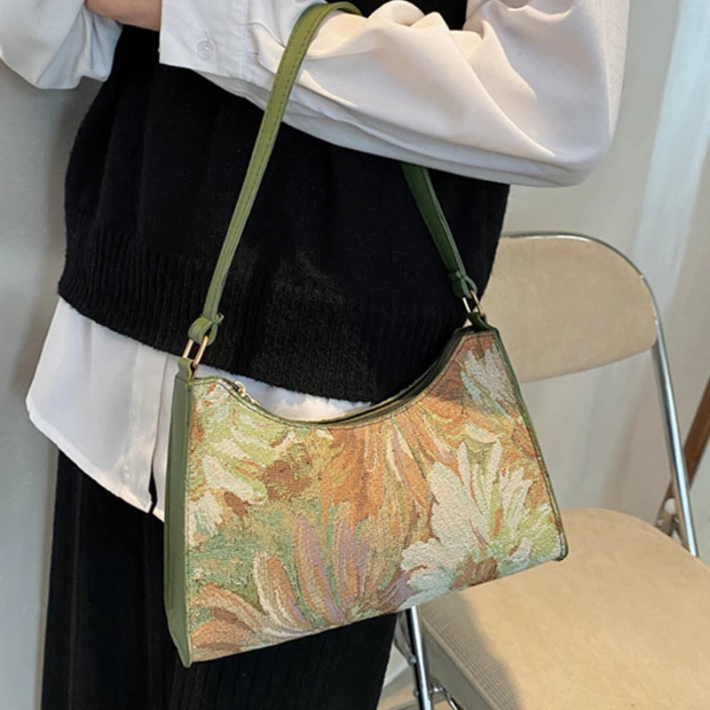Fashion Vintage Women Oil Painting Design Shoulder Bags Ladies Simple Flower Female Armpit Hobos Bags Small Clutch Handbag Totes
