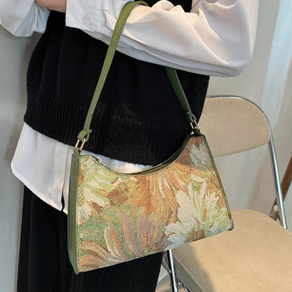 Fashion Vintage Women Oil Painting Design Shoulder Bags Ladies Simple Flower Female Armpit Hobos Bags Small Clutch Handbag Totes