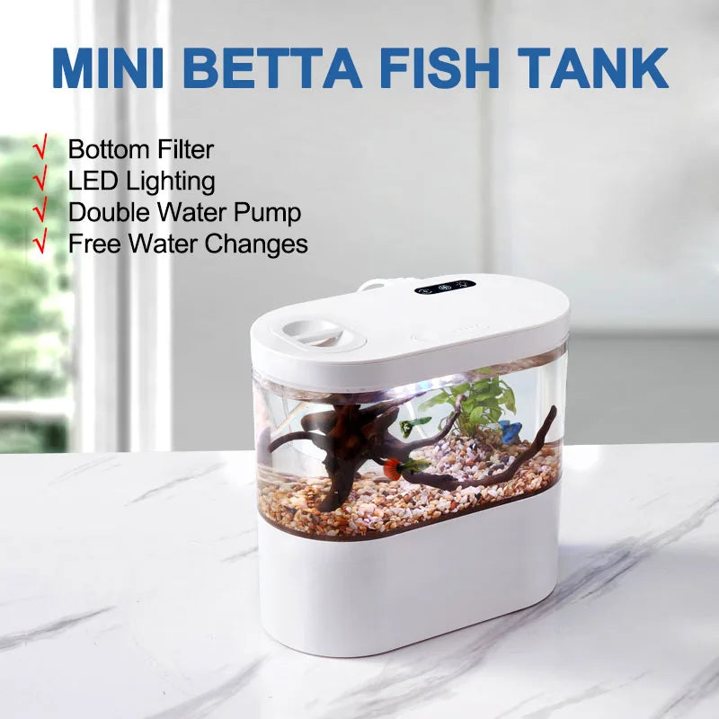 Desktop Aquarium Betta Fish Tank Tropical Fish Aquarium with Bottom Filter System LED Water Pump Fishbowl for Goldfish Amphibian