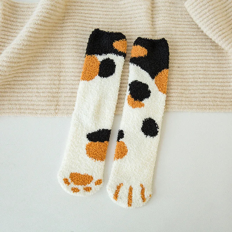 Autumn Winter Coral Velvet Socks Cute Cat Claw Socks For Women Children Girls Middle Tube Thickened Sleep Socks Home Floor Socks