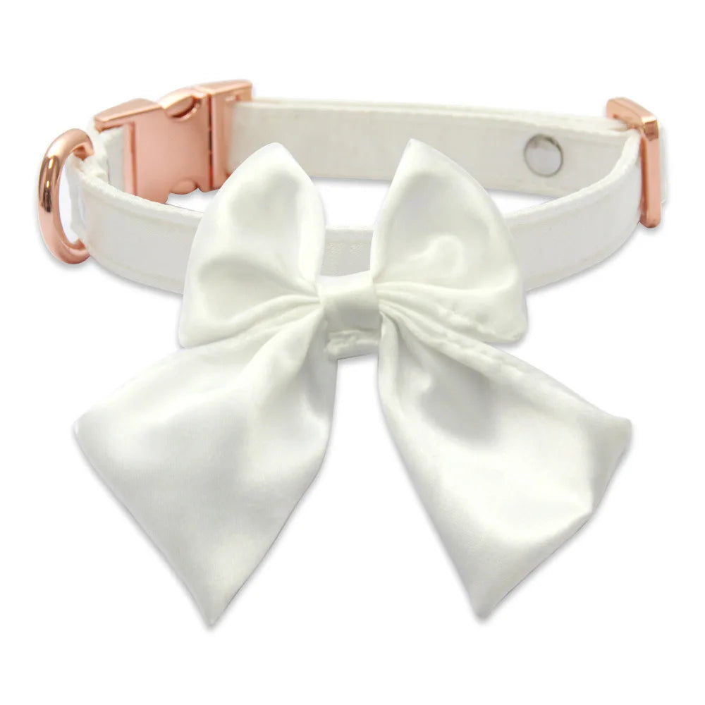 Silk Pink Dog Collar Adjustable Collar for Girl  Puppy Kitten Cats Big Bow White Pet Collar with Metal Buckle Pet Accessories