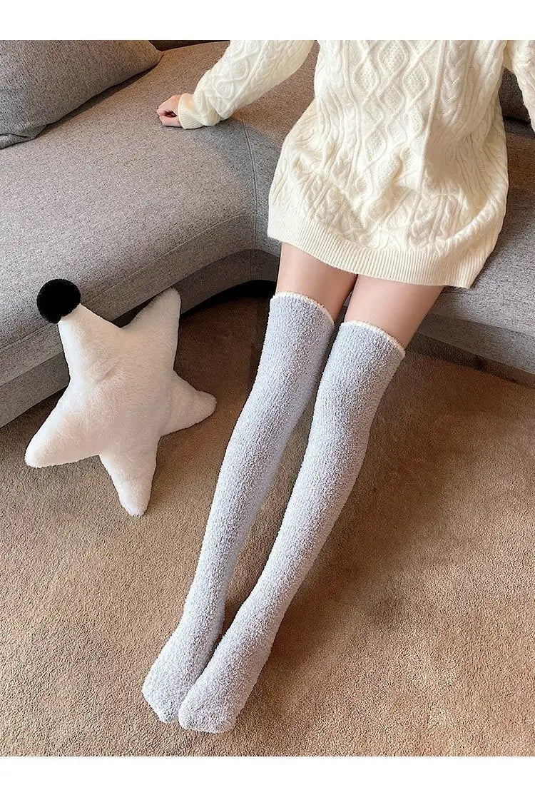 Winter Warm Coral Fleece Over-knee High Socks for Women Plush Home Sleep Floor Long Socking Jk Solid Soft Thigh High Fun Sock