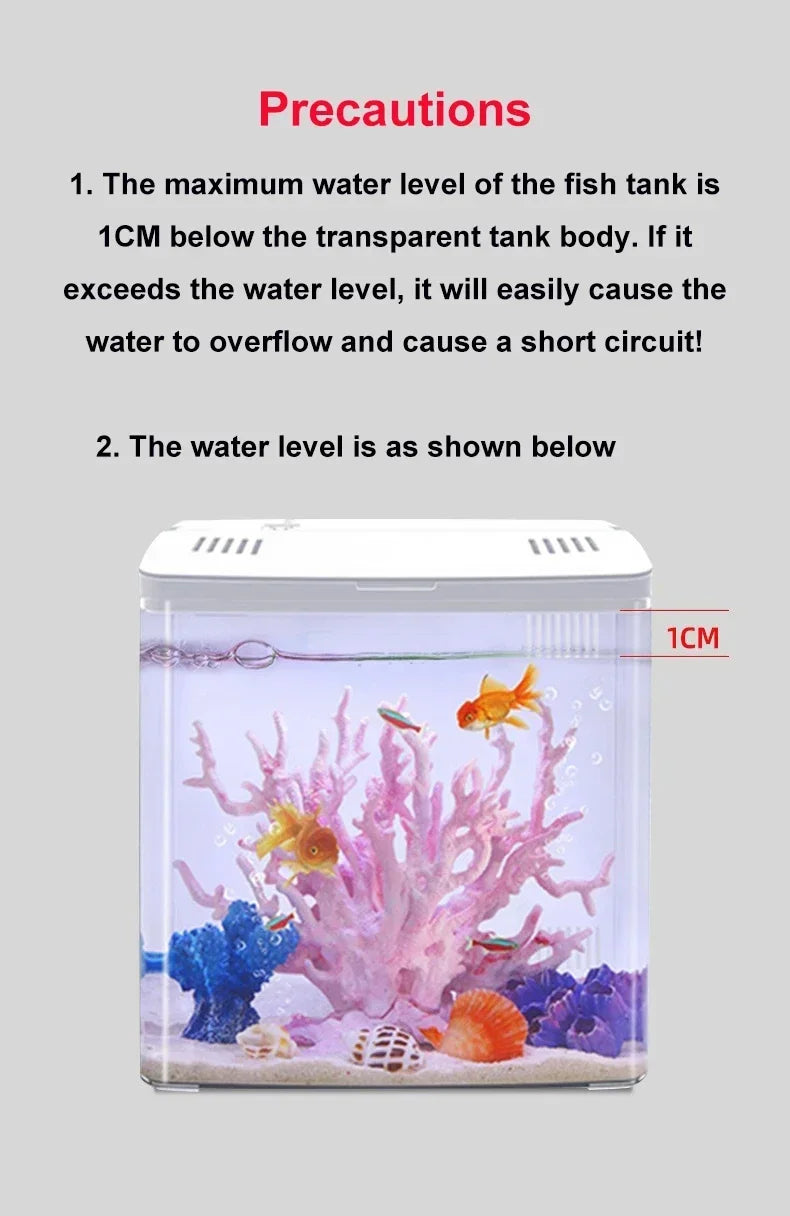 USB Desktop Fish Tank 5L No Need To Change Water Self-circulating Ecology with Silent Pump LED Light Suitable for Office