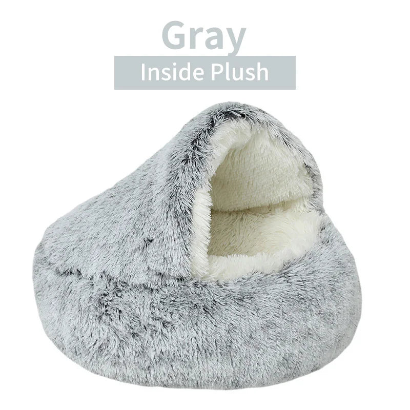 Winter Long Plush Pet Cat Bed Round Cat Cushion House  Warm Cat Basket Cat Sleep Bag Cat Nest Kennel 2 In 1 For Small Dog Cat