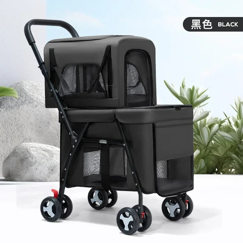 Multifunctional double-layer pet cart Lightweight and foldable pet outdoor travel stroller Ventilated and breathable dog cart