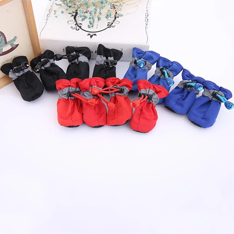 4pcs/set Waterproof Antiskid Puppy Shoes Winter Warm Plus Velvet Anti-slip Rain Snow Boots For Small Dog Cats Snow Socks