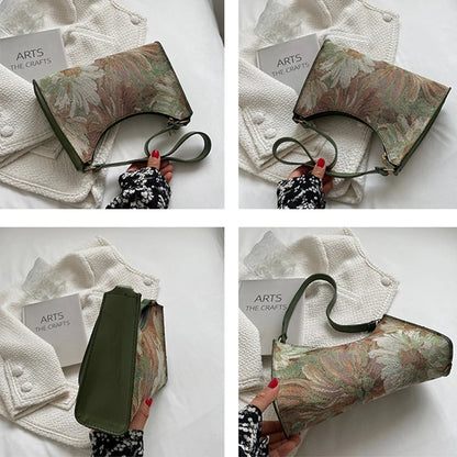 Fashion Vintage Women Oil Painting Design Shoulder Bags Ladies Simple Flower Female Armpit Hobos Bags Small Clutch Handbag Totes