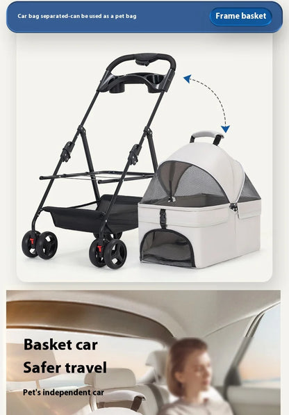 Detachable Pet Stroller Frame Basket With Feeding Tray One Click Fold System Lightweight Portable For Cats Dogs Pet Carrier