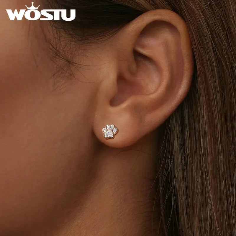 WOSTU 925 Sterling Silver Lovely Pink Opal Paw Stud Earrings For Women Cat Dog Pet Paws Ear Studs Girl Birthday Jewelry Gift