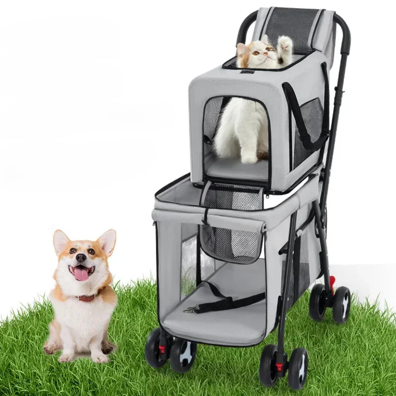 Multifunctional double-layer pet cart Lightweight and foldable pet outdoor travel stroller Ventilated and breathable dog cart