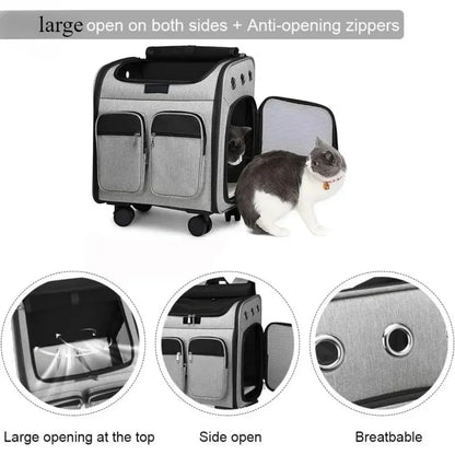 2 in 1 Large Pet Backpack Cat Stroller Pet Carrier with Wheels Portable Foldable Tie-Rod Pet Bag Cat and Dog Travel Carrier Bag