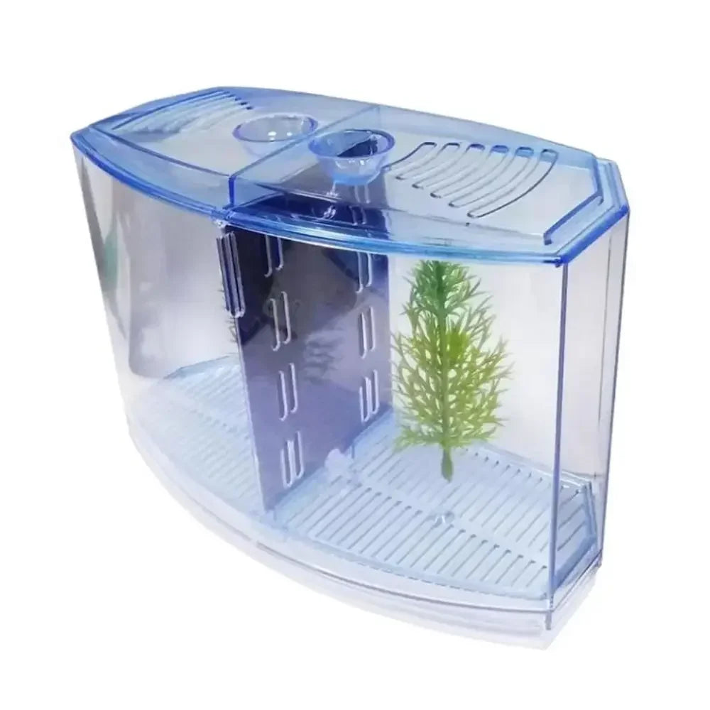 Transparent Betta Fish Tank with Water Grass, Plastic Double-Grid Betta Isolation Box, Single and Double Grid