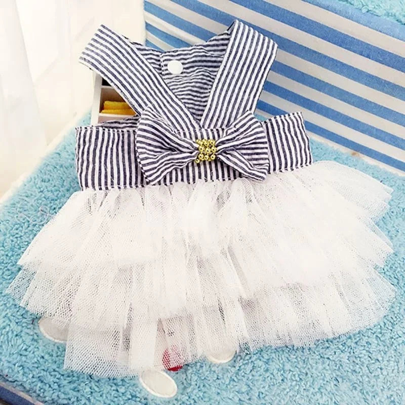 Spring Pet Summer Bowknot Pet Costume Dress Pet Dog Striped Cat Dog Puppy Wedding Princess Skirt Dog Clothes