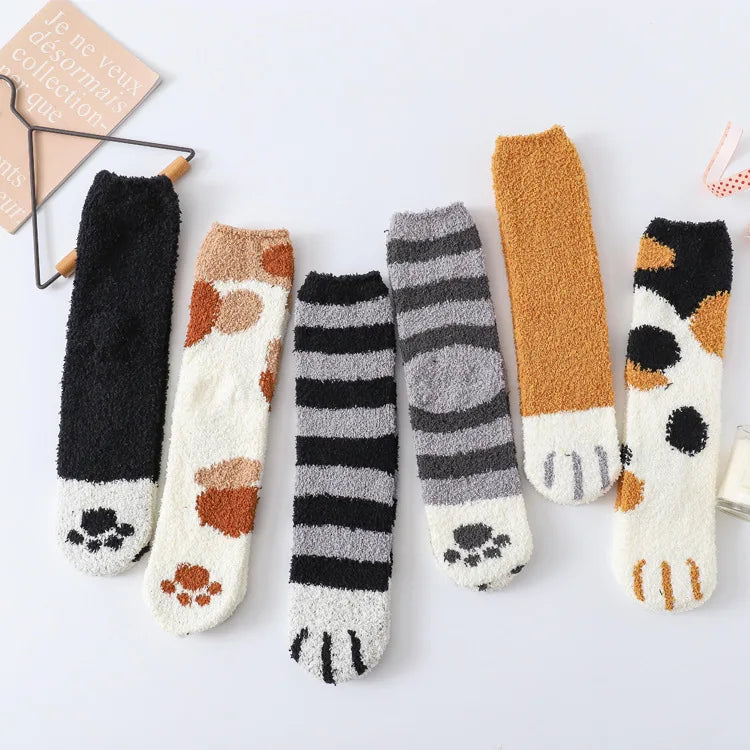 Women Winter Warm Fluffy Socks Cute Animal Claw Cat Paw Footprint Fuzzy Socks Female Thick Coral Fleece Home Floor Sleep Socks