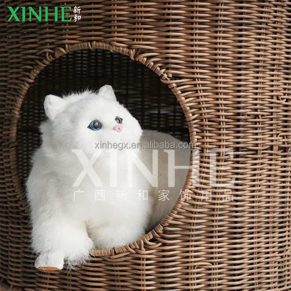 Brown Rattan Cat Cave Bed with Legs, Handwoven Pet Table