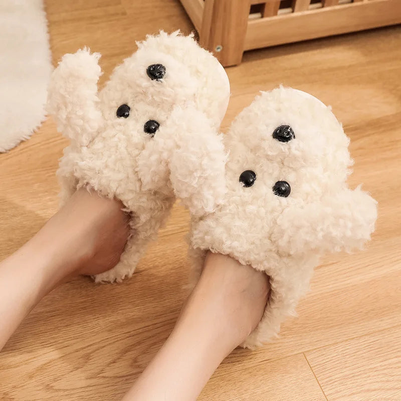 Pallene Short Fur Slippers For Women 2023 Winter Warm Furry Cozy Cotton Shoes For Home Indoor Cute Dog Couples Antiskid Slippers