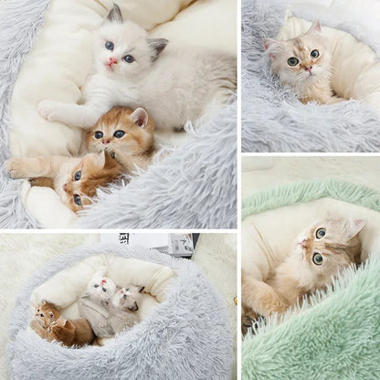 冬用プラッシュペットキャットベッド ラウンドキャットクッション キャットハウス 2 in 1 暖かい猫バスケット ペットスリープバッグ 子猫用巣 小型犬猫用