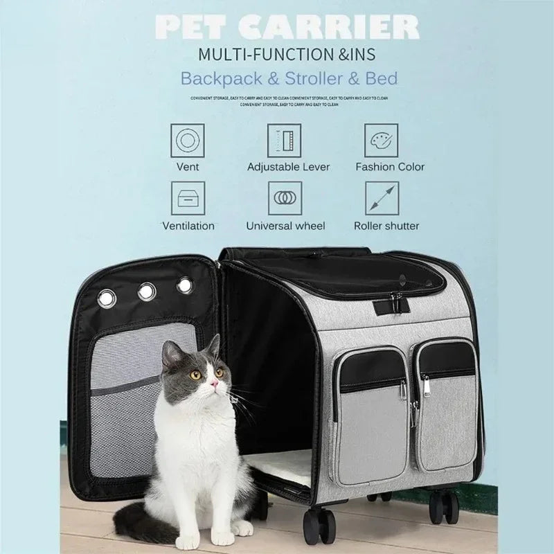 2 in 1 Large Pet Backpack Cat Stroller Pet Carrier with Wheels Portable Foldable Tie-Rod Pet Bag Cat and Dog Travel Carrier Bag