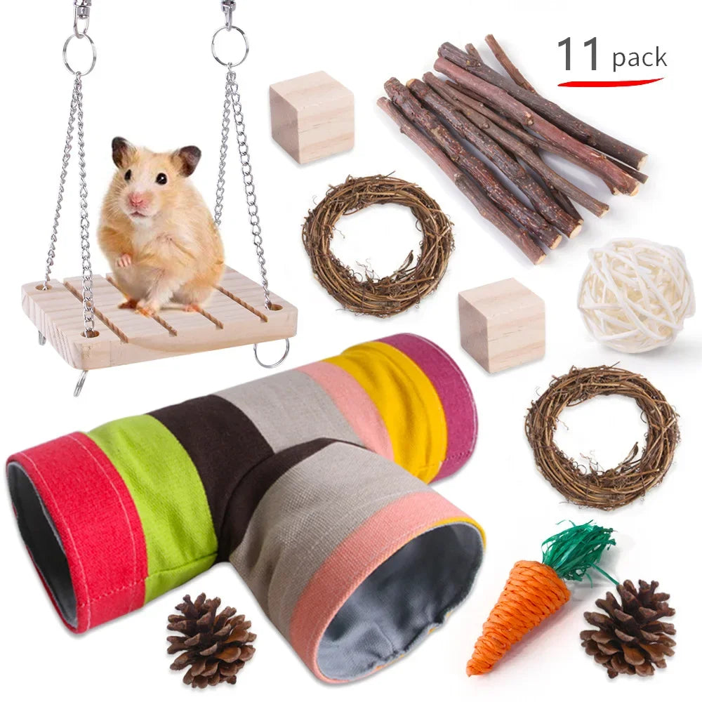 Combination Hamsters Rabbit Rat Toys Hamster Toys Set Pet Rabbit Guinea Pig Parrot Play Molar Wooden Supplies