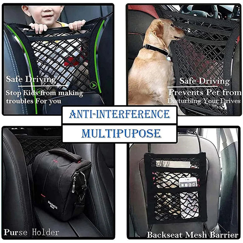 Dog Car Net Barrier Pet Travel Safety Barrier Car Carrier Rear Seat Fence Anti-collision for Child and Pets with Storage Bag