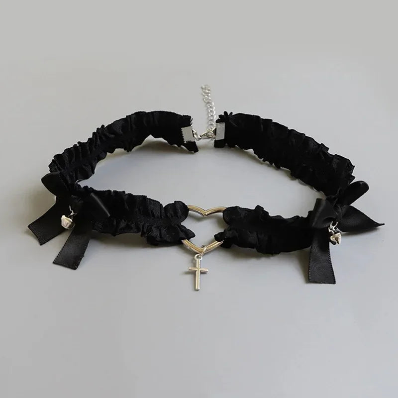 Gothic Lace Garter Belt Heart Bowknot Black White Elastic Choker Strap Cosplay Bondage Lingerie Harness Cross Lolita Leg Garters