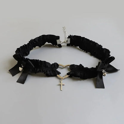 Gothic Lace Garter Belt Heart Bowknot Black White Elastic Choker Strap Cosplay Bondage Lingerie Harness Cross Lolita Leg Garters