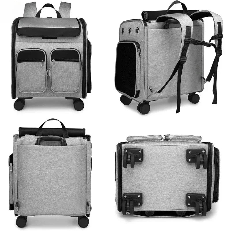 2 in 1 Large Pet Backpack Cat Stroller Pet Carrier with Wheels Portable Foldable Tie-Rod Pet Bag Cat and Dog Travel Carrier Bag