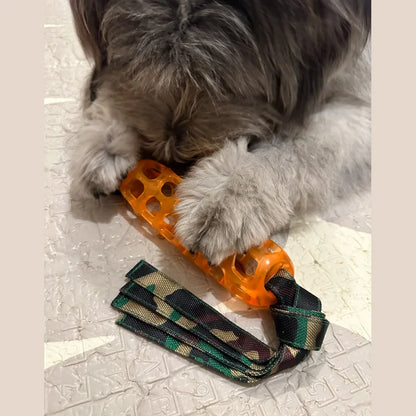 CAITEC Dog Toys Soft Rubber Treat Cylinder with Knotted Streamer Suitable for Foraging Pet Toys with Video