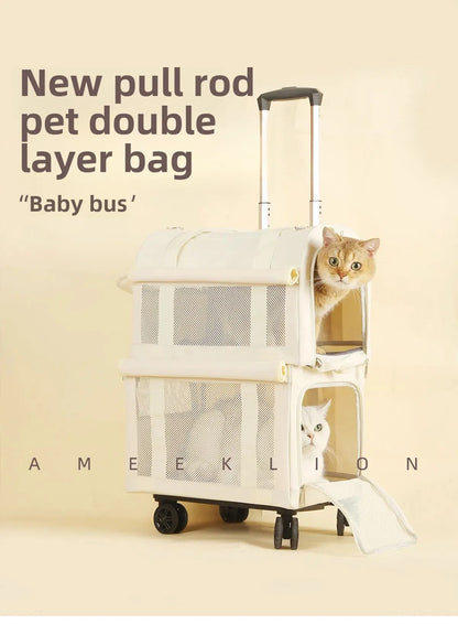High Aesthetic Pet Trolley Box 2-layers Design Cat Basket Breathable Comfortable Transport Case Convenient Travel Pet Trolley