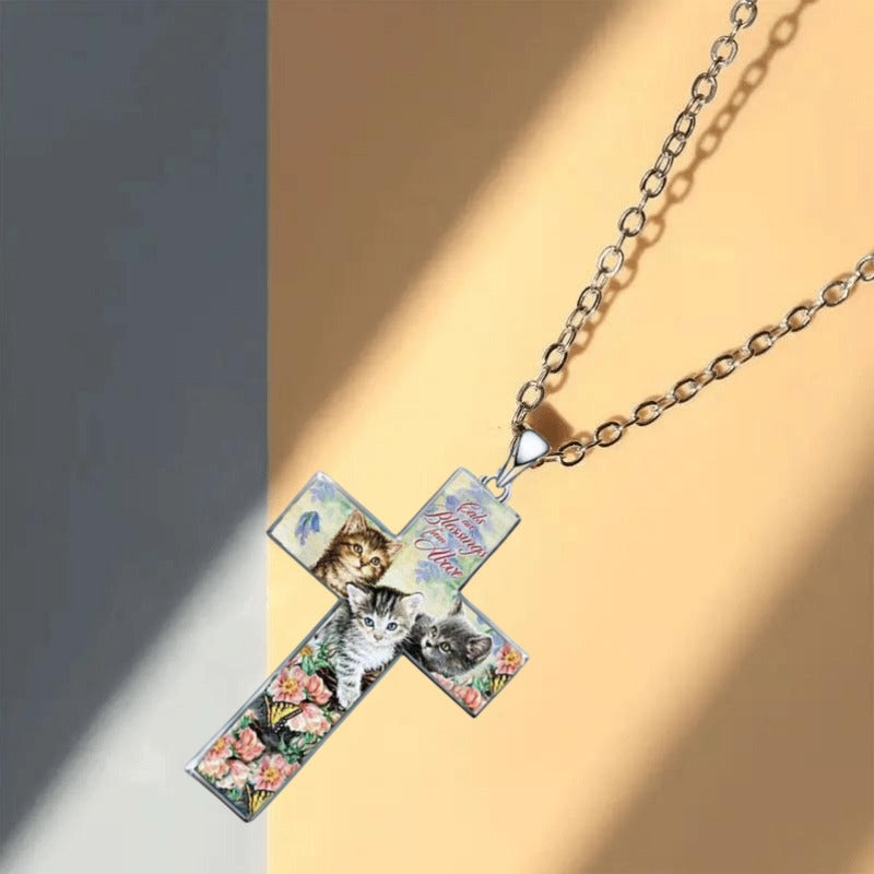 Stylish and Exquisite Three Cats Cross Pendant Necklace for Kid Christian Religious Jewelry Accessories