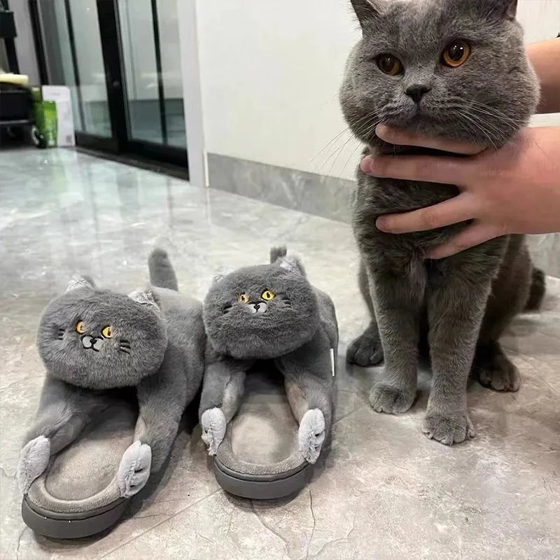 Cute Hug Cat Slippers British Shorthair Cat Design Winter Home Slides Kawaii Floor Shoes Furry Slippers Funny Cute Gift Slippers