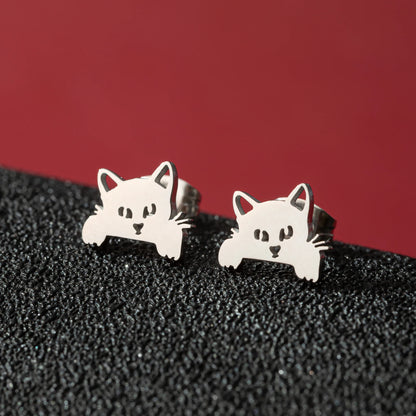 Jisensp 1ペア 漫画動物猫イヤリング かわいいステンレススチール 子猫スタッドイヤリング レディース ガールズ 面白いジュエリー イヤリング