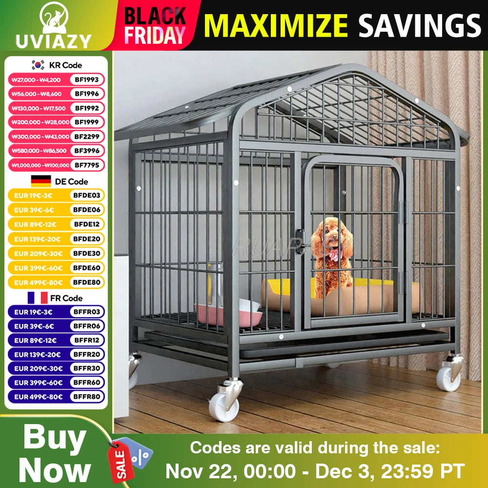 Movable Metal Dog Crate Pet Cages with Leak-Proof Pan Door Removable Tray Floor Protecting Wheel Dog Crate Furniture Indoor Use