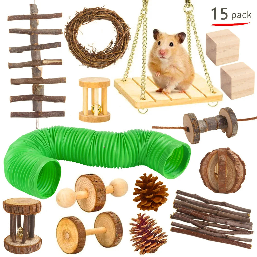 Combination Hamsters Rabbit Rat Toys Hamster Toys Set Pet Rabbit Guinea Pig Parrot Play Molar Wooden Supplies