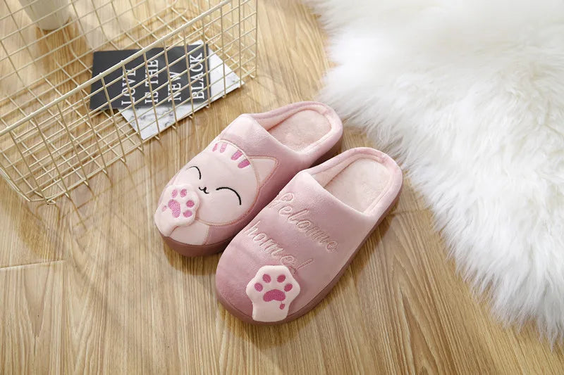 Women Winter Warm Slippers Cartoon Cat Shoes Furry Plush Slides Round Toe Flats Indoor Home Bedroom Floor Slippers Ladies Shoes