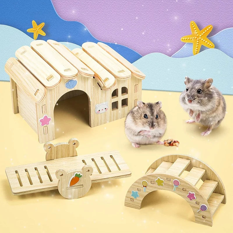 Pet Hamsters House DIY Wooden Gerbil Hideout Bridge Swing and Chinchilla Seesaw Pet Sport Exercise Toys Set  Cage Accessories