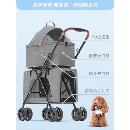 Lightweight folding portable cat dog pet cart car dog cat double cart bag can be separated