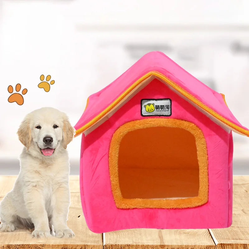 Foldable Winter Dog House Bed – Soft Leopard Print Pet Kennel