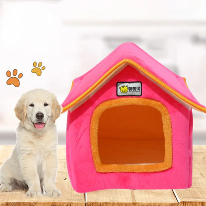 Foldable Winter Dog House Bed – Soft Leopard Print Pet Kennel