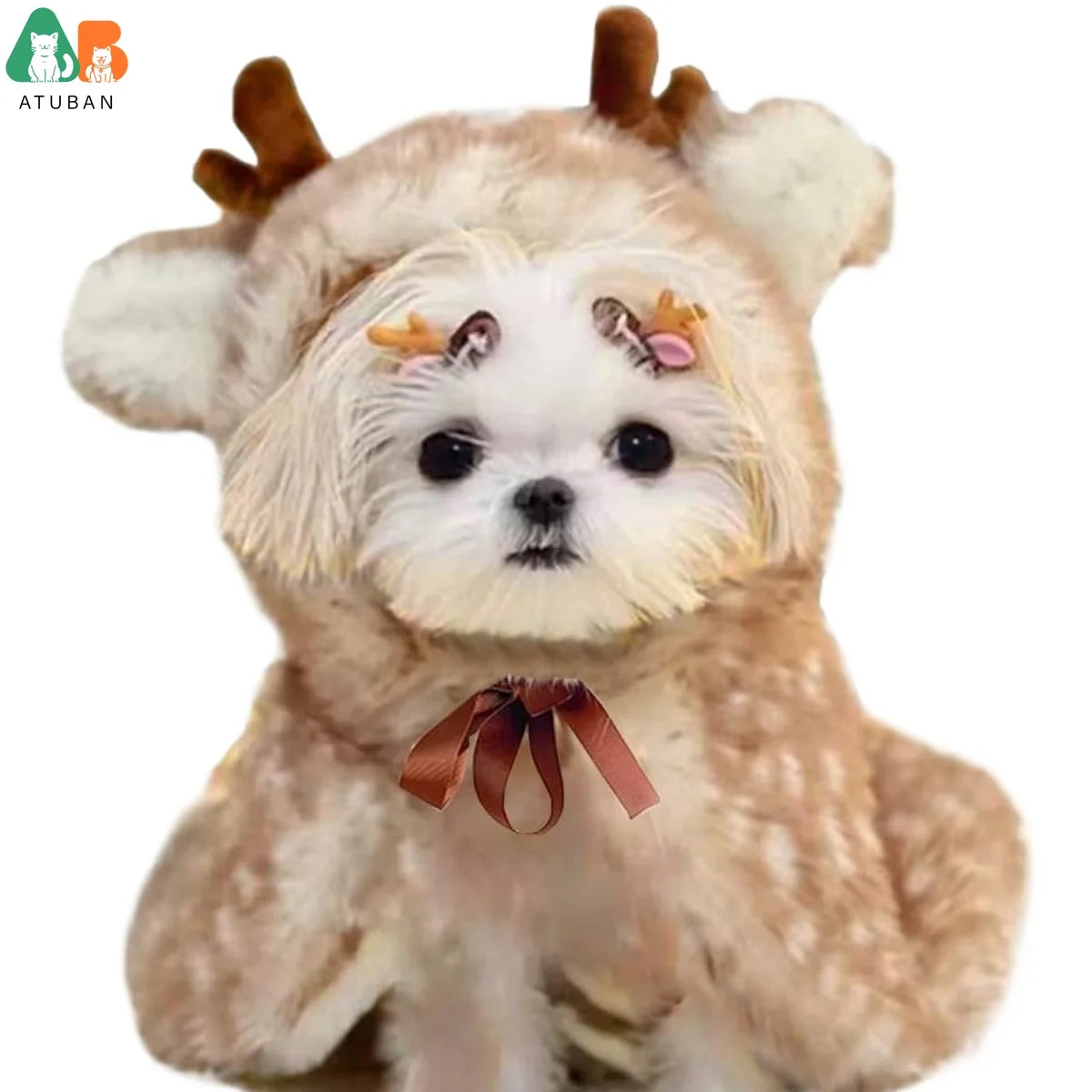 ATUBAN Christmas Puppy Reindeer Costume Xmas Dog Elk Cloak with Antlers Cat Santa Cape Christmas Dog Outfit for Small Medium Dog