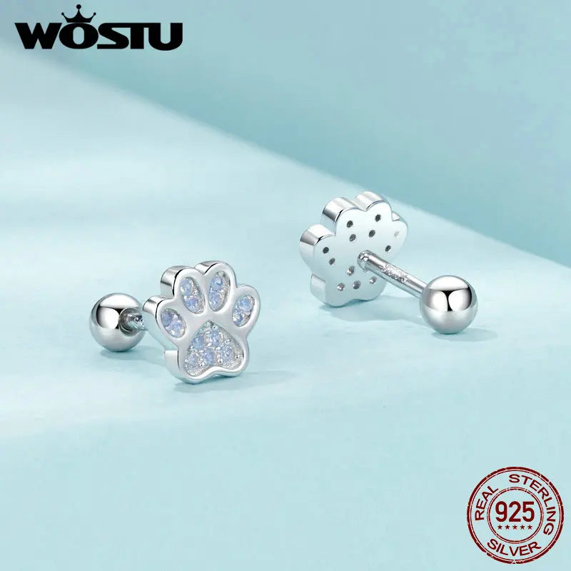 WOSTU 925 Sterling Silver Lovely Pink Opal Paw Stud Earrings For Women Cat Dog Pet Paws Ear Studs Girl Birthday Jewelry Gift