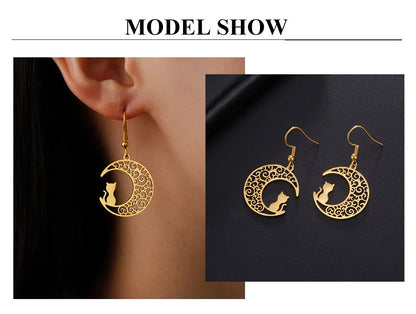 Cazador Cute Cat Kitten Crescent Moon Earrings for Women 2024 Stainless Steel Filigree Drop Earrings Jewelry Birthday Gift 2024